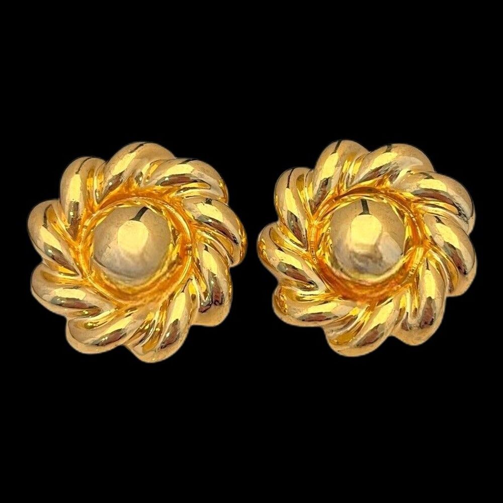 Vintage 1980s Gold Tone Earrings Swirl Clip On Statement Round Bold - 10F